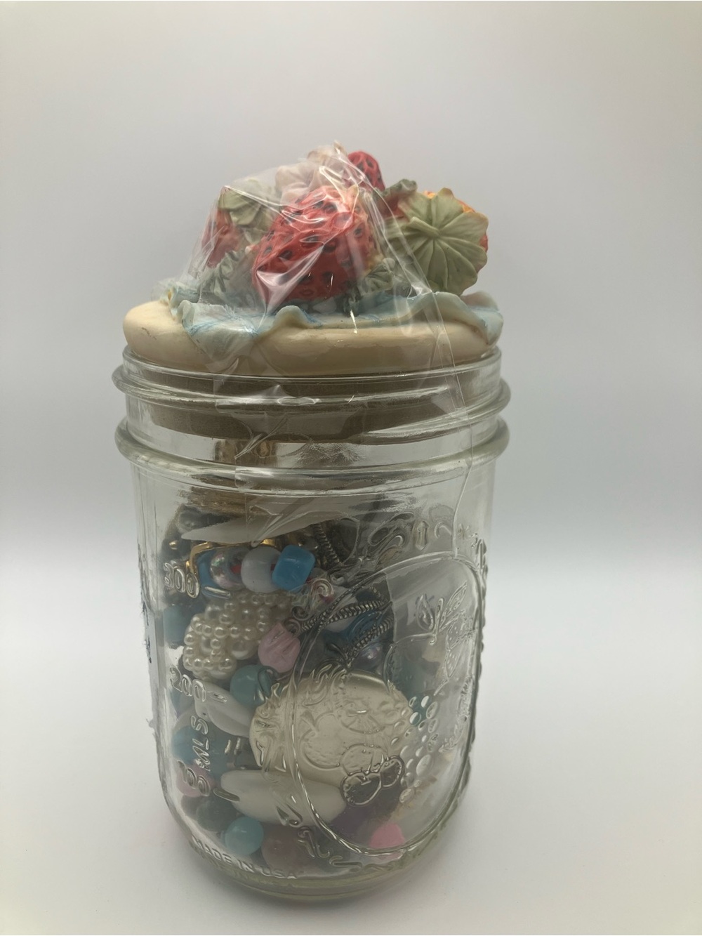 Mason Jewelry Jar with Pastel Floral Lid - vintage and costume jewelry